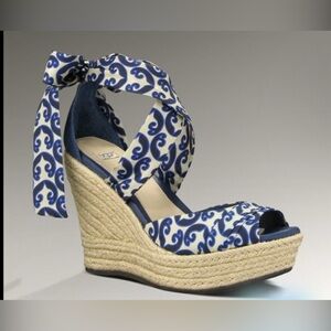 UGG Luciana Marrakech Peep Toe Espadrille Wedge Sandal Navy & Cream Silk Tie  11